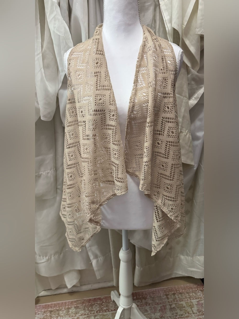Absolute Angel Beige Open Crochet Knit Vest Shrug